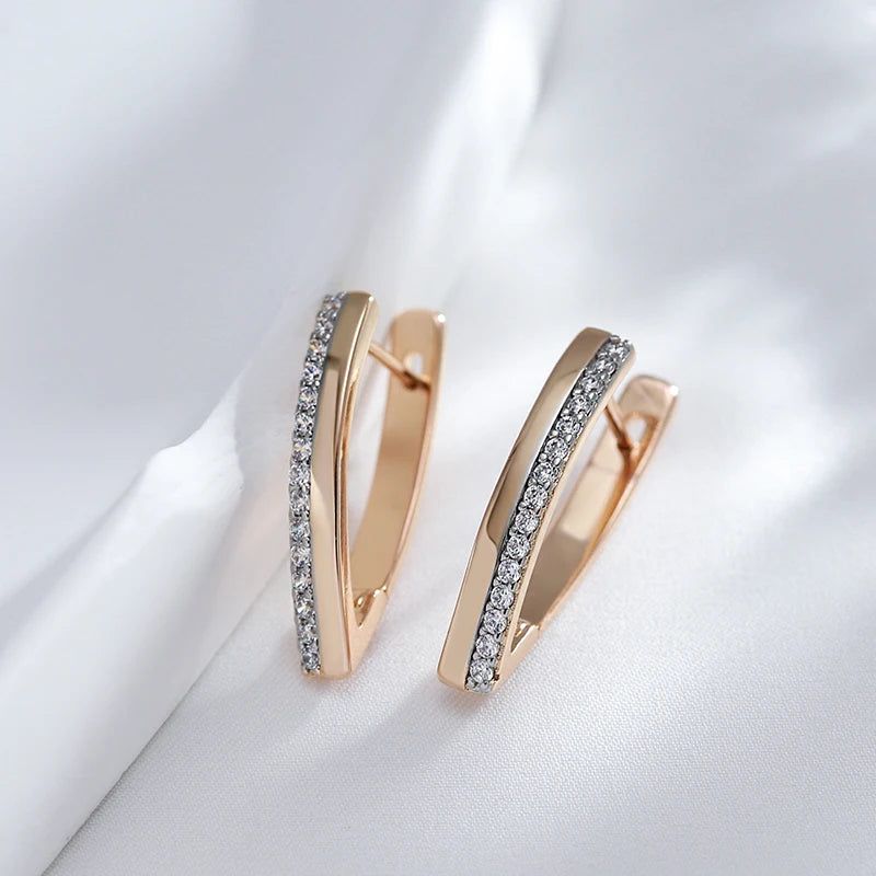 Trendy 585 Rose Gold and Silver V Hoop Earrings with Vintage Natural Zircon