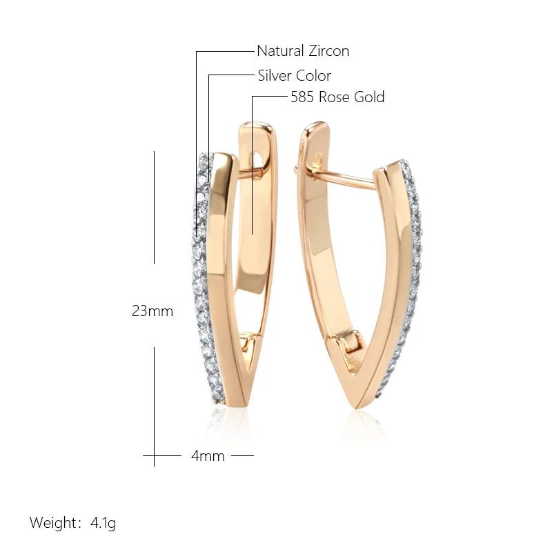 Trendy 585 Rose Gold and Silver V Hoop Earrings with Vintage Natural Zircon