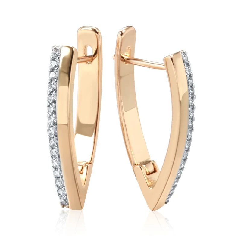 Trendy 585 Rose Gold and Silver V Hoop Earrings with Vintage Natural Zircon