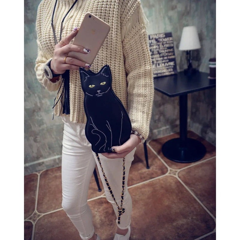 Trendy BLACK CAT Chain Crossbody Bag for Women - Unique Animal-Themed Messenger Purse