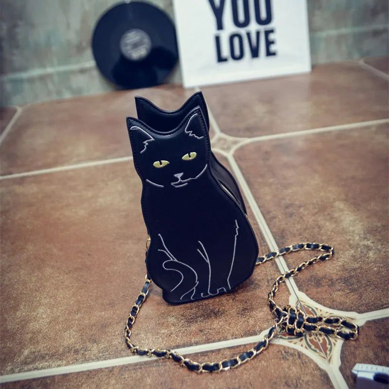 Trendy BLACK CAT Chain Crossbody Bag for Women - Unique Animal-Themed Messenger Purse