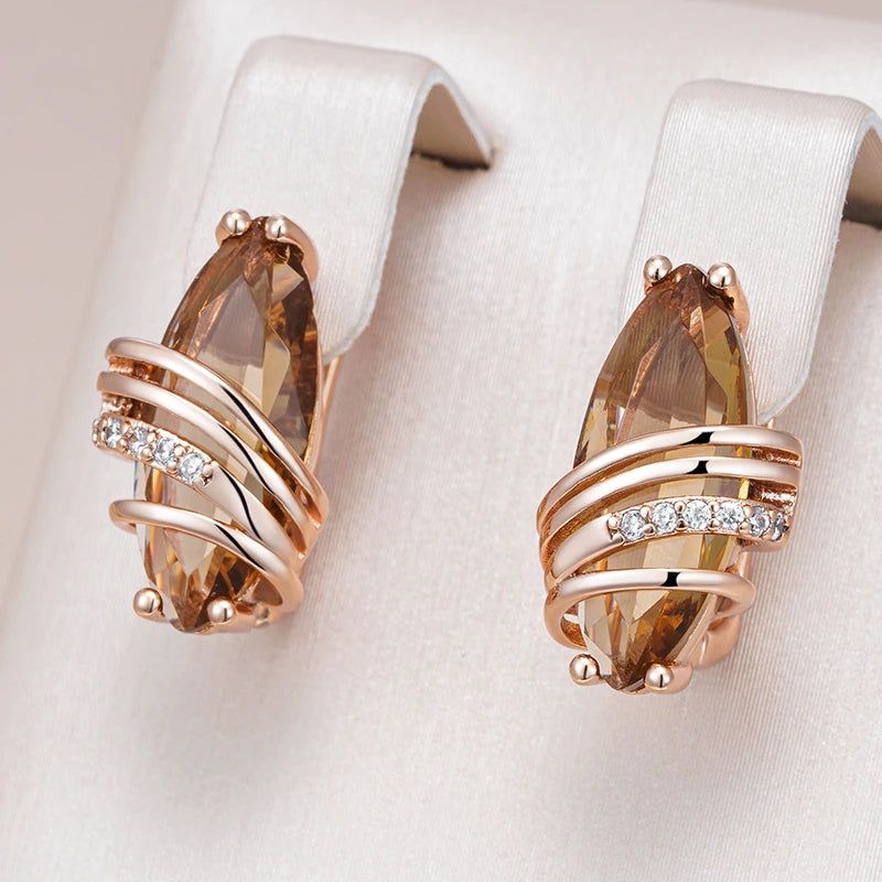 Trendy Brown Zircon Geometric Earrings in 585 Rose Gold - Unique High-Quality Fashion Jewelry