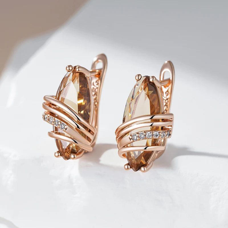 Trendy Brown Zircon Geometric Earrings in 585 Rose Gold - Unique High-Quality Fashion Jewelry