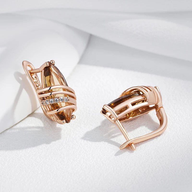 Trendy Brown Zircon Geometric Earrings in 585 Rose Gold - Unique High-Quality Fashion Jewelry