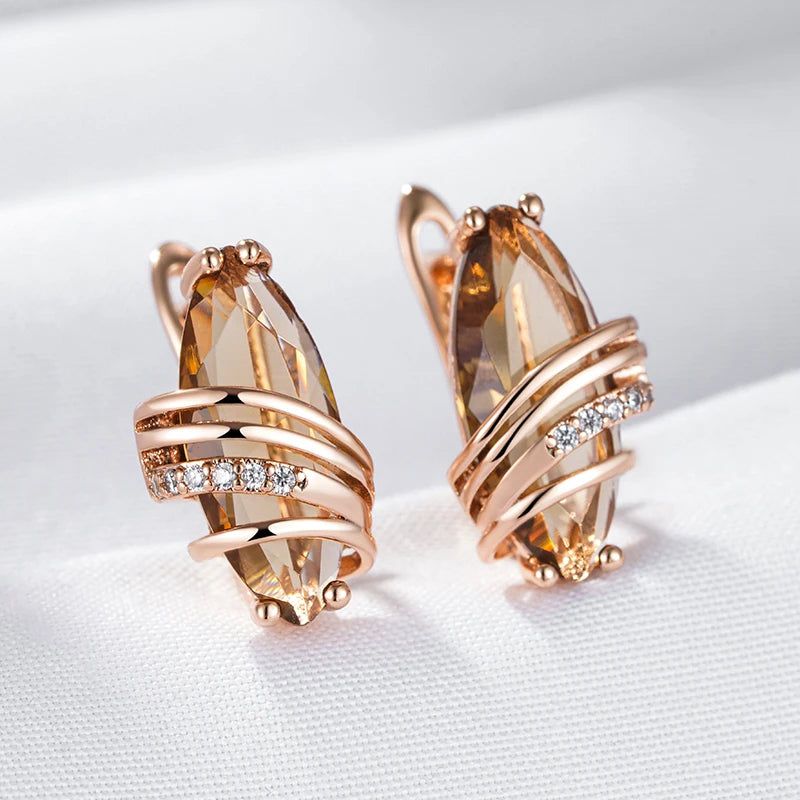 Trendy Brown Zircon Geometric Earrings in 585 Rose Gold - Unique High-Quality Fashion Jewelry