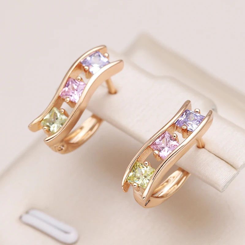 Trendy Geometric Drop Earrings with Natural Zircon in 585 Rose Gold Finish