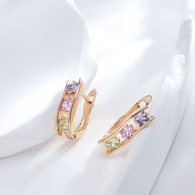 Trendy Geometric Drop Earrings with Natural Zircon in 585 Rose Gold Finish