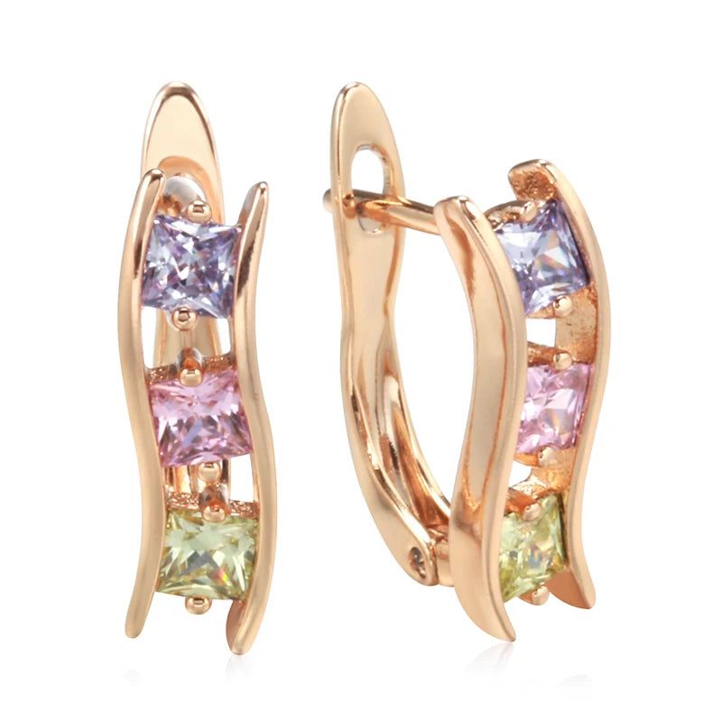 Trendy Geometric Drop Earrings with Natural Zircon in 585 Rose Gold Finish