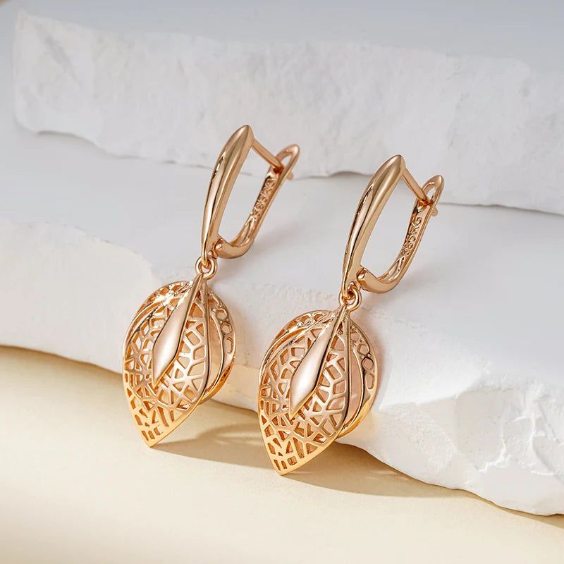 Trendy Geometric Hollow Drop Earrings in 585 Rose Gold Finish