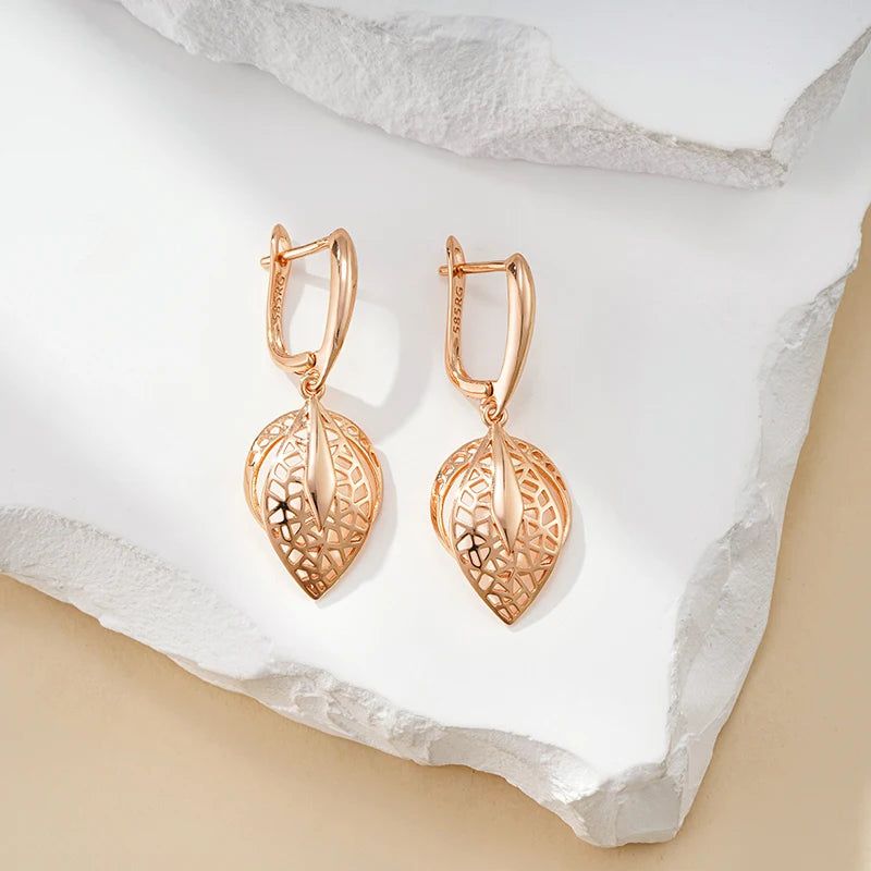 Trendy Geometric Hollow Drop Earrings in 585 Rose Gold Finish