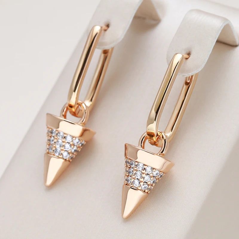 Trendy Geometric Rose Gold Cone Drop Earrings with Natural Zircon - Luxurious Jewelry Piece