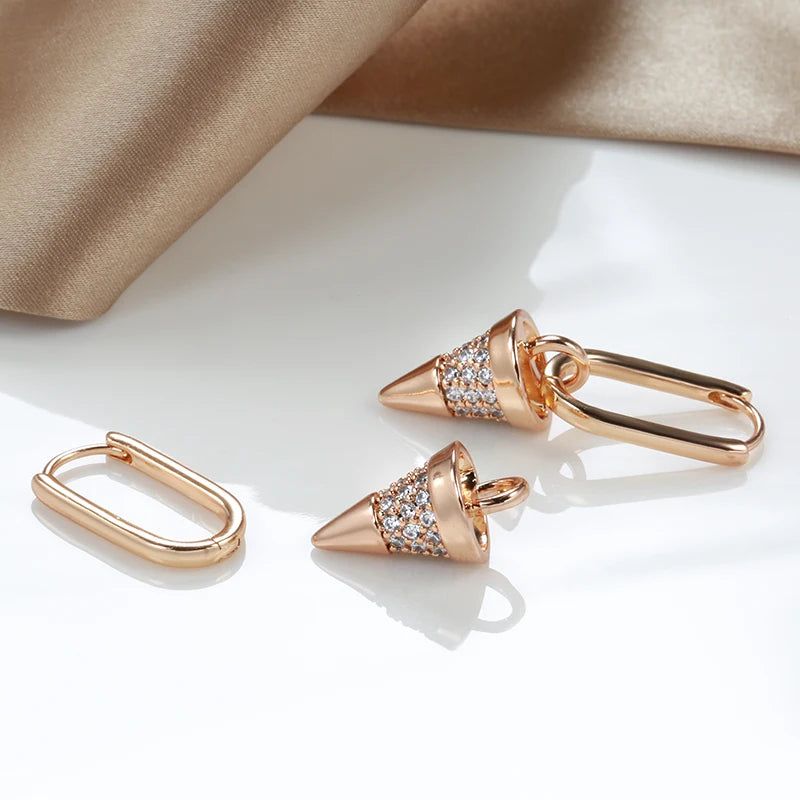 Trendy Geometric Rose Gold Cone Drop Earrings with Natural Zircon - Luxurious Jewelry Piece