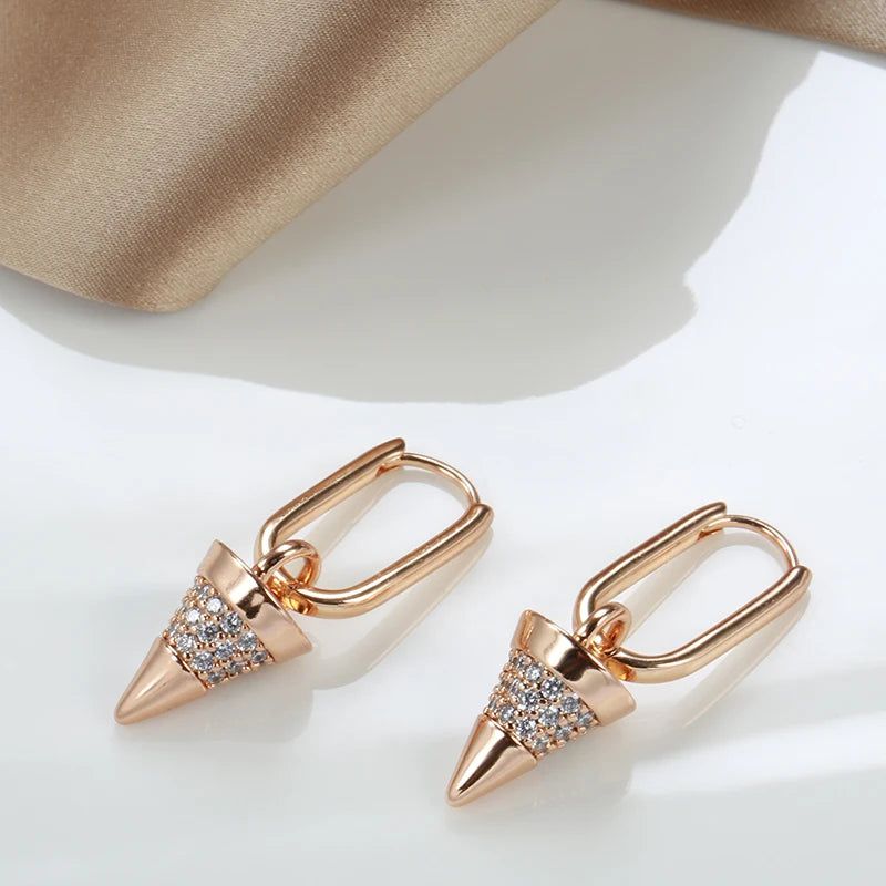 Trendy Geometric Rose Gold Cone Drop Earrings with Natural Zircon - Luxurious Jewelry Piece