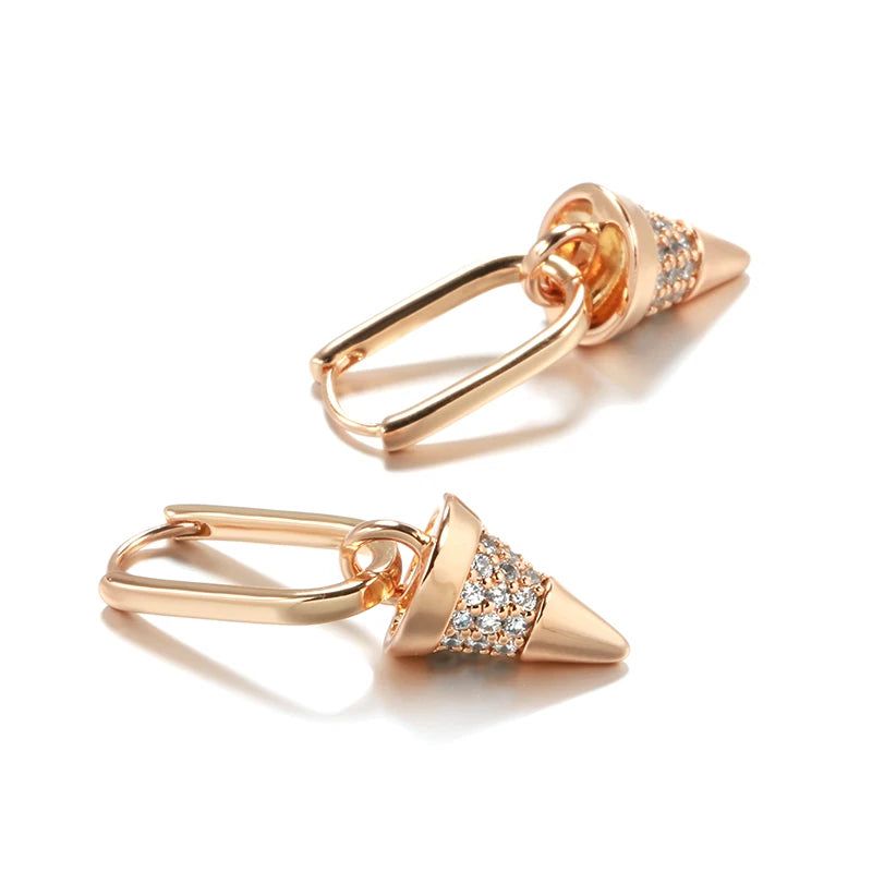 Trendy Geometric Rose Gold Cone Drop Earrings with Natural Zircon - Luxurious Jewelry Piece