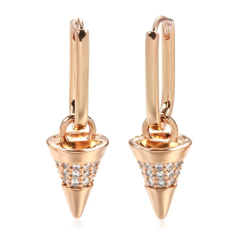 Trendy Geometric Rose Gold Cone Drop Earrings with Natural Zircon - Luxurious Jewelry Piece