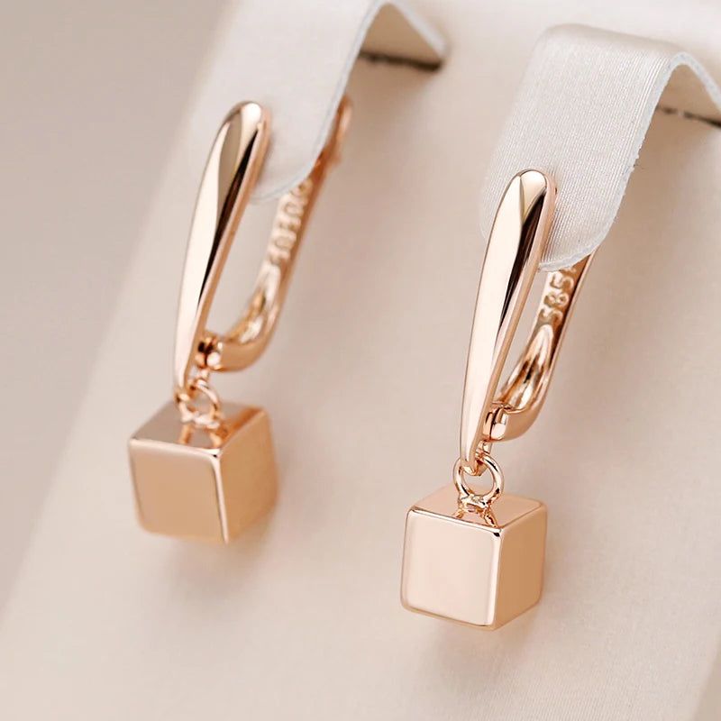 Trendy Geometric Rose Gold Dangle Earrings with Glossy Finish and Square Pendant