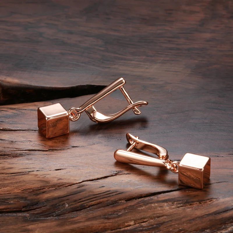 Trendy Geometric Rose Gold Dangle Earrings with Glossy Finish and Square Pendant