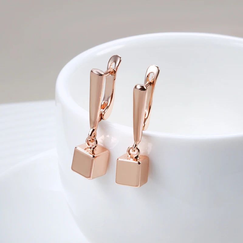 Trendy Geometric Rose Gold Dangle Earrings with Glossy Finish and Square Pendant