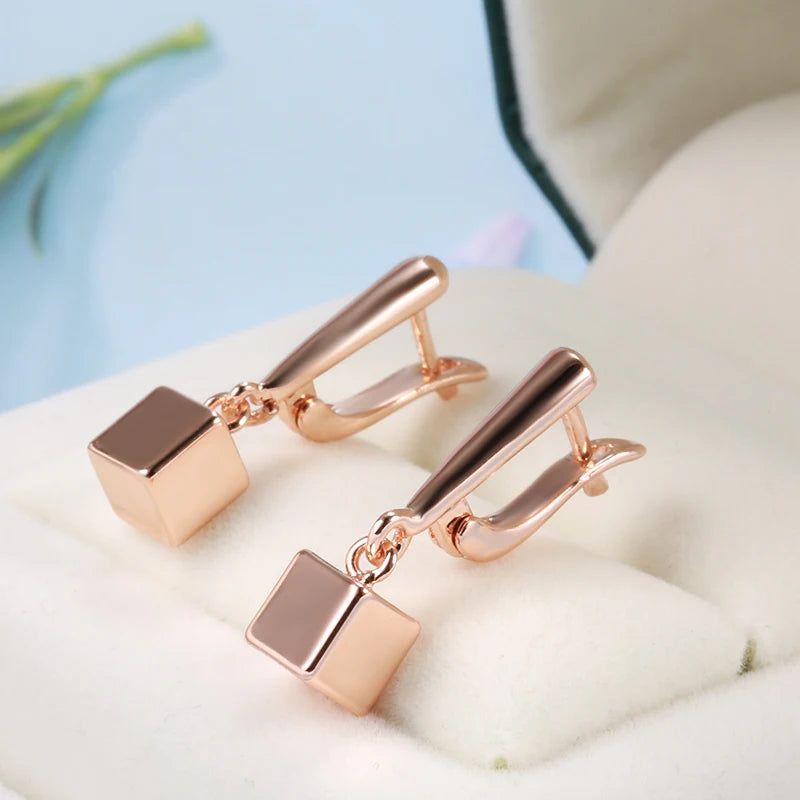 Trendy Geometric Rose Gold Dangle Earrings with Glossy Finish and Square Pendant