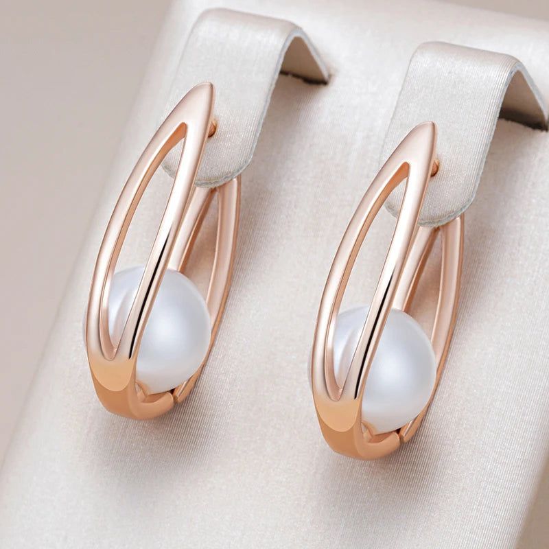 Trendy Glossy Pearl Geometric Dangle Earrings in Luxurious 585 Rose Gold