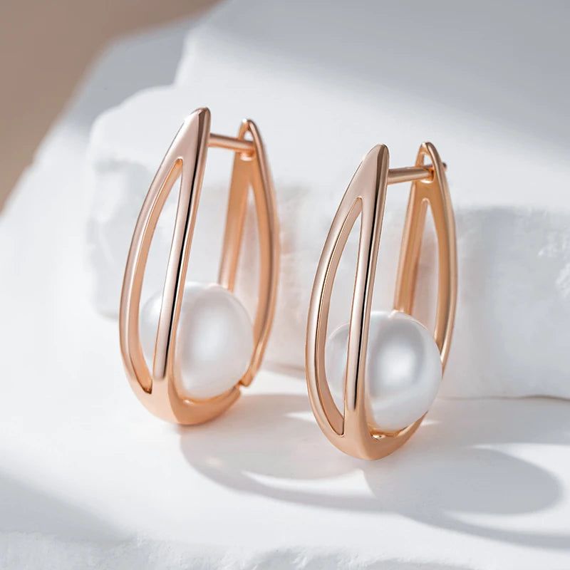 Trendy Glossy Pearl Geometric Dangle Earrings in Luxurious 585 Rose Gold