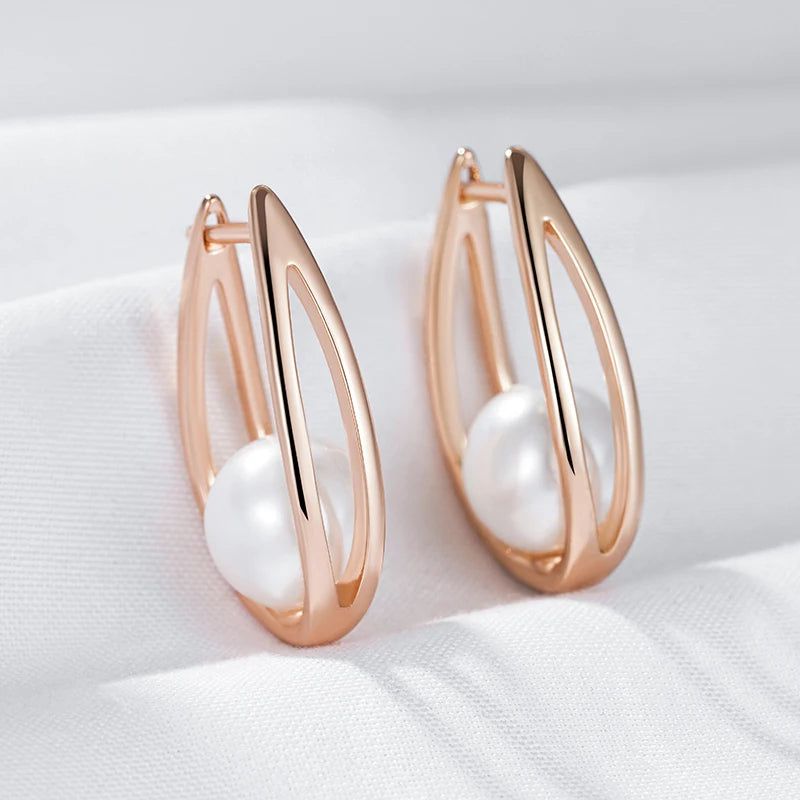 Trendy Glossy Pearl Geometric Dangle Earrings in Luxurious 585 Rose Gold