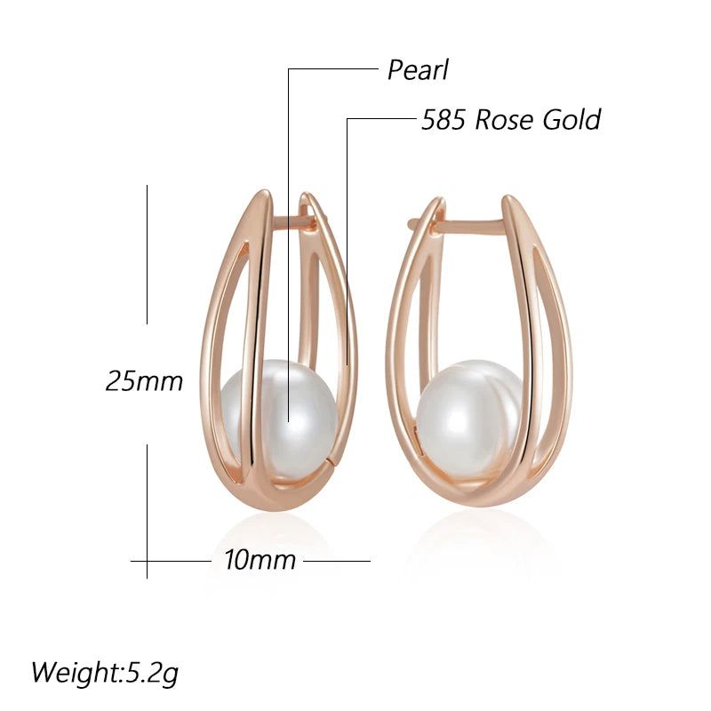 Trendy Glossy Pearl Geometric Dangle Earrings in Luxurious 585 Rose Gold