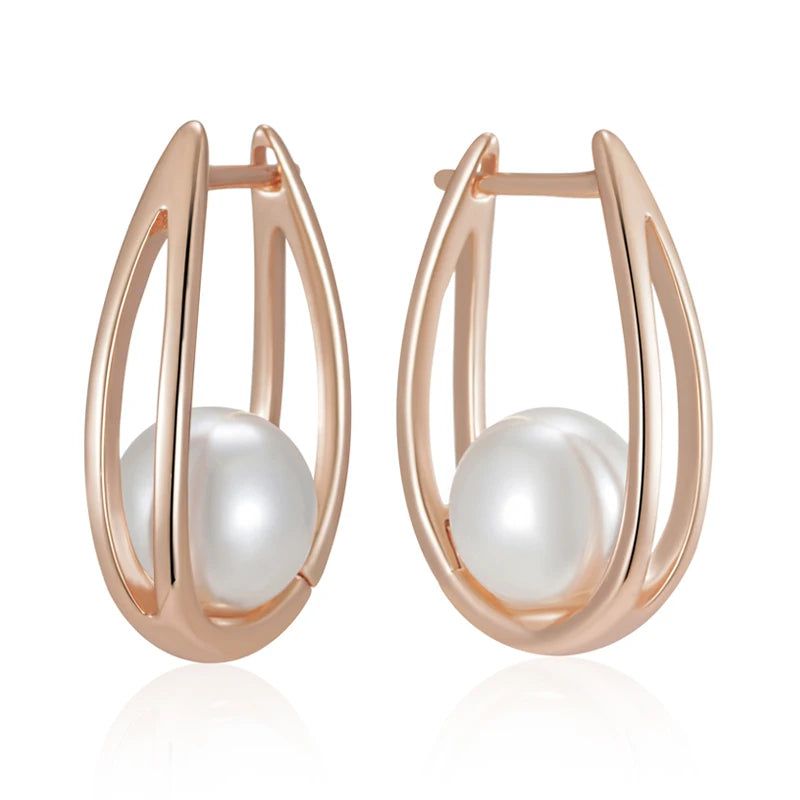 Trendy Glossy Pearl Geometric Dangle Earrings in Luxurious 585 Rose Gold