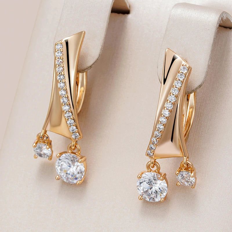 Trendy Glossy Rose Gold Dangle Earrings with Natural Zircon Drops