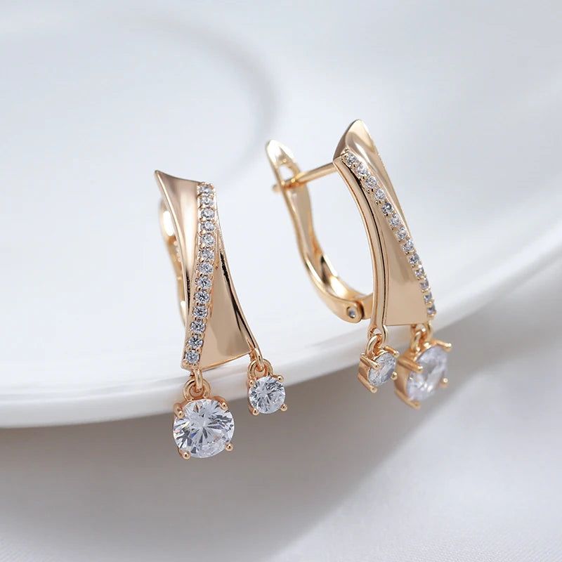 Trendy Glossy Rose Gold Dangle Earrings with Natural Zircon Drops