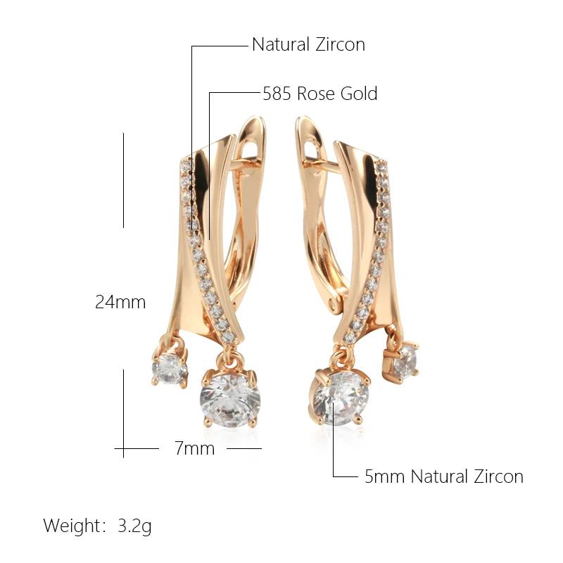 Trendy Glossy Rose Gold Dangle Earrings with Natural Zircon Drops