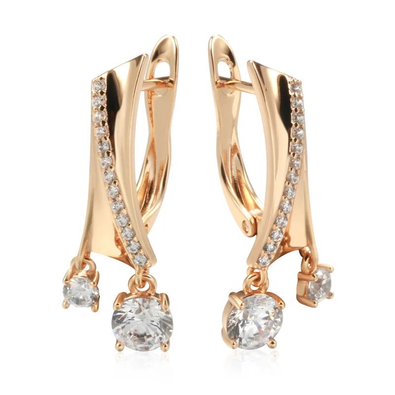 Trendy Glossy Rose Gold Dangle Earrings with Natural Zircon Drops