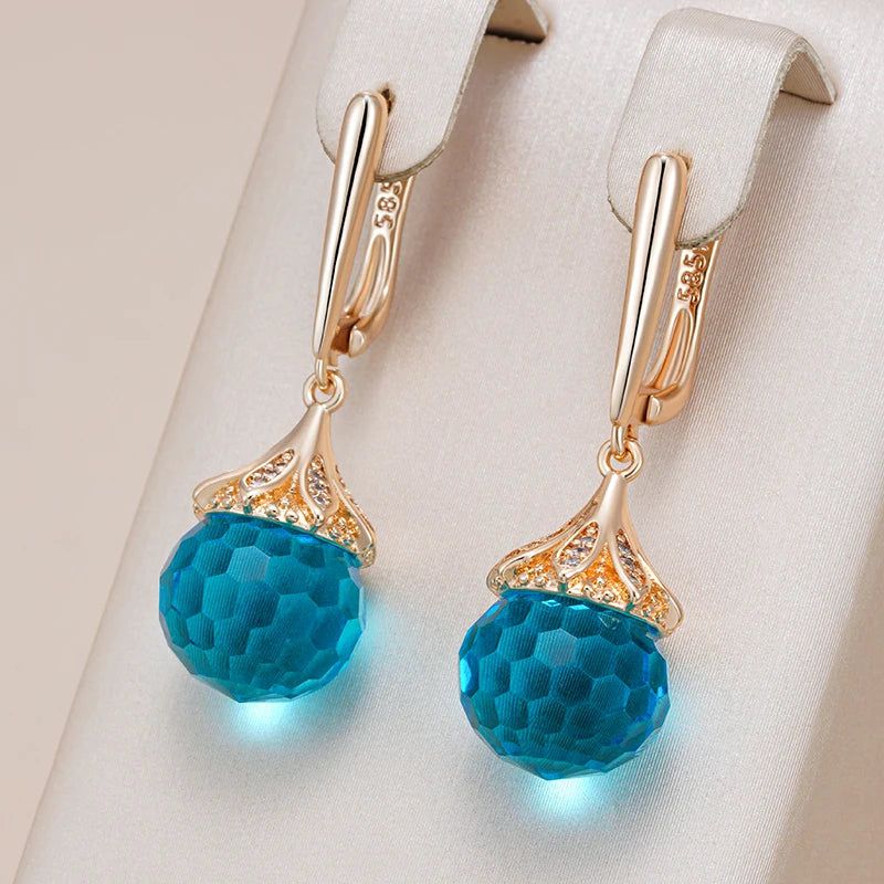 Trendy Rose Gold Blue Crystal Ball Drop Earrings with Natural Zircon