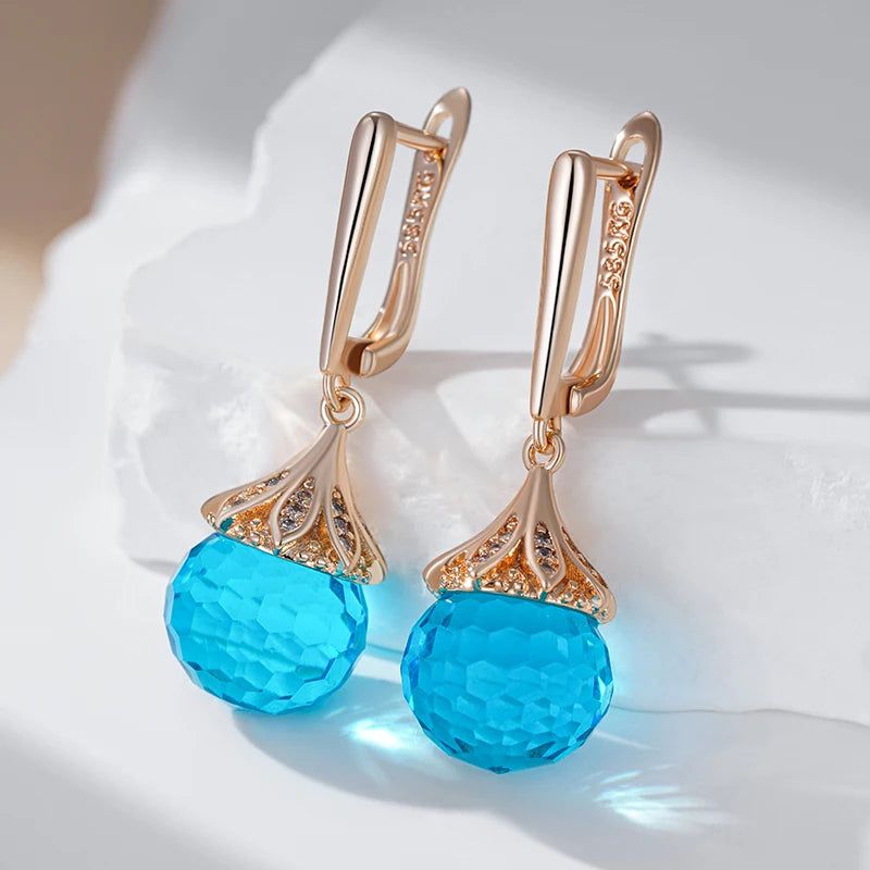 Trendy Rose Gold Blue Crystal Ball Drop Earrings with Natural Zircon