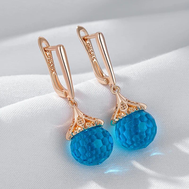 Trendy Rose Gold Blue Crystal Ball Drop Earrings with Natural Zircon