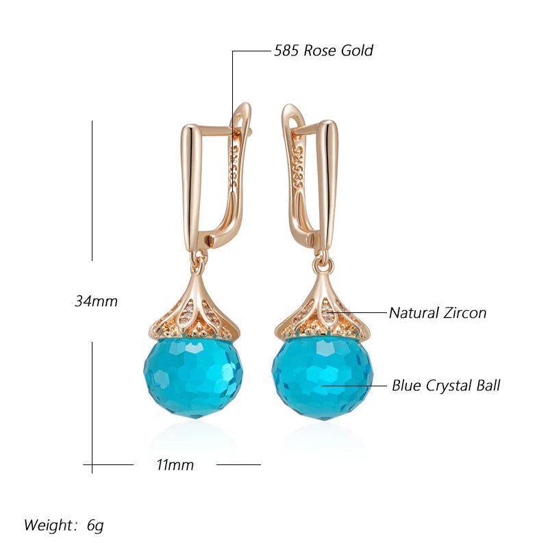 Trendy Rose Gold Blue Crystal Ball Drop Earrings with Natural Zircon