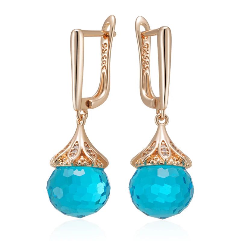 Trendy Rose Gold Blue Crystal Ball Drop Earrings with Natural Zircon