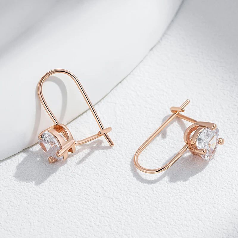 Trendy Rose Gold Children's Earrings with Shiny Natural Zircon for Fashionable Kids