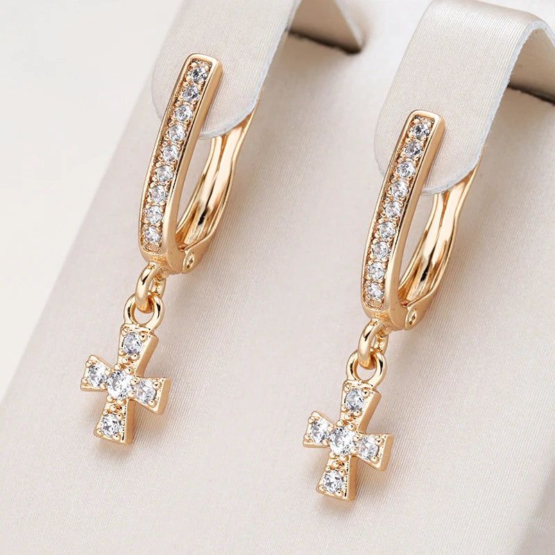 Trendy Rose Gold Cross Dangle Earrings with Crystal Accents - Luxury Couple Jewelry