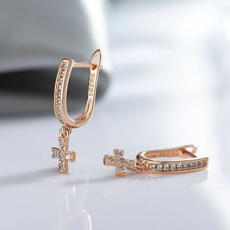 Trendy Rose Gold Cross Dangle Earrings with Crystal Accents - Luxury Couple Jewelry