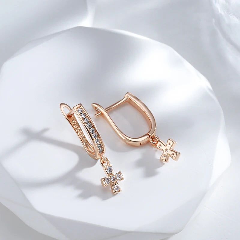 Trendy Rose Gold Cross Dangle Earrings with Crystal Accents - Luxury Couple Jewelry