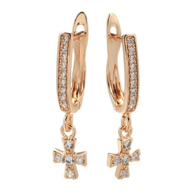 Trendy Rose Gold Cross Dangle Earrings with Crystal Accents - Luxury Couple Jewelry