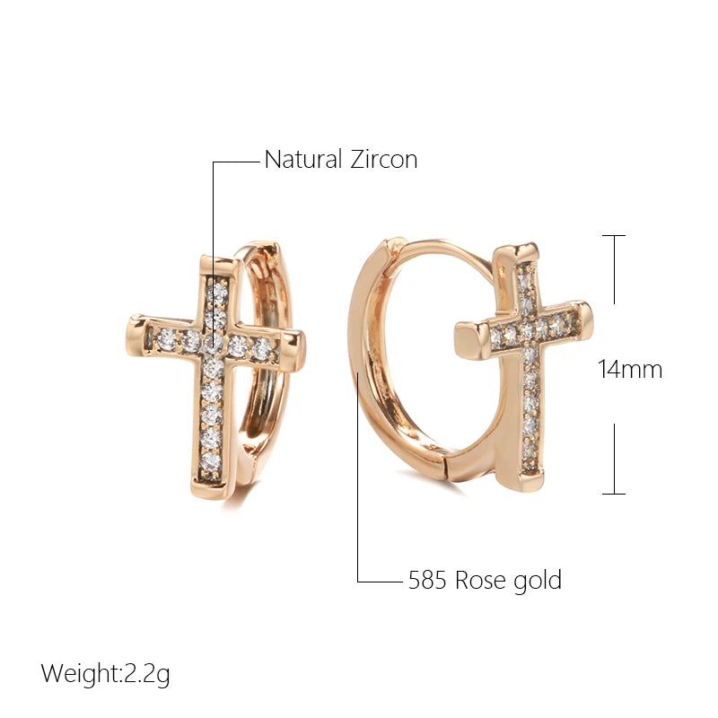 Trendy Rose Gold Cross Dangle Earrings with Natural Zircon – Trendy Religious Fashion Jewelry