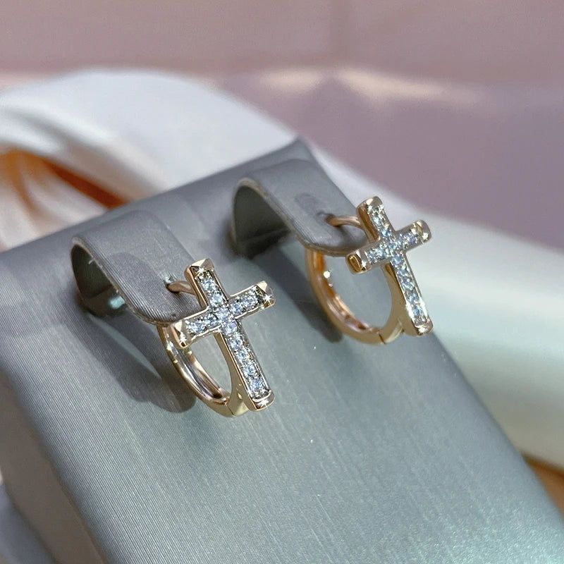 Trendy Rose Gold Cross Dangle Earrings with Natural Zircon – Trendy Religious Fashion Jewelry