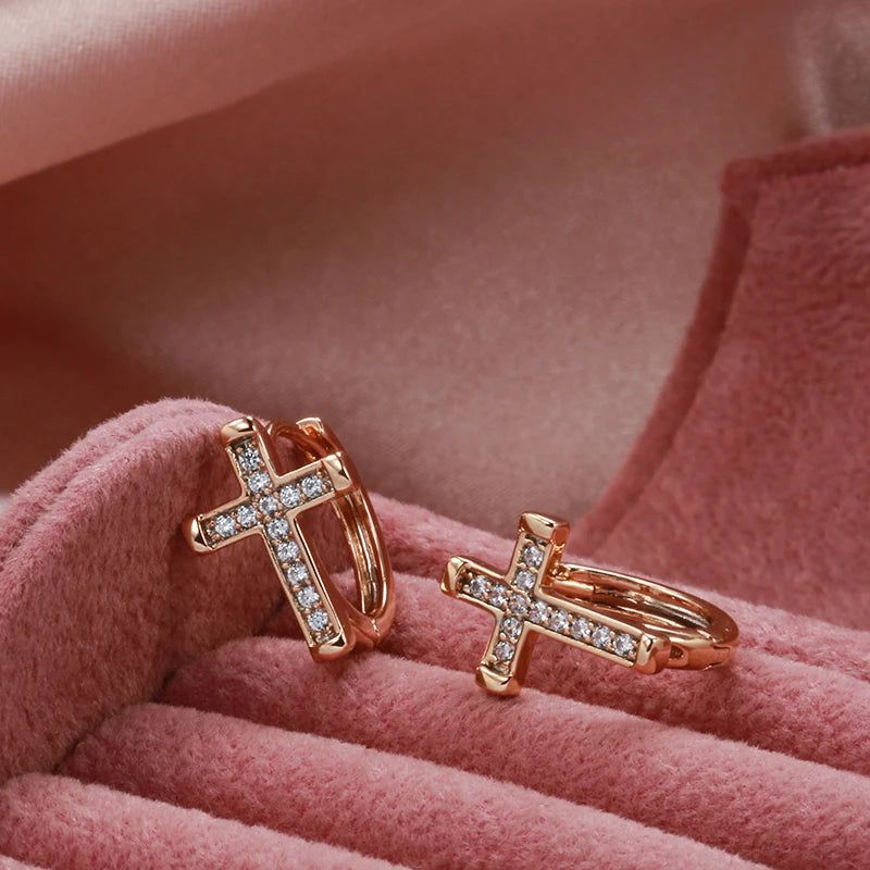 Trendy Rose Gold Cross Dangle Earrings with Natural Zircon – Trendy Religious Fashion Jewelry