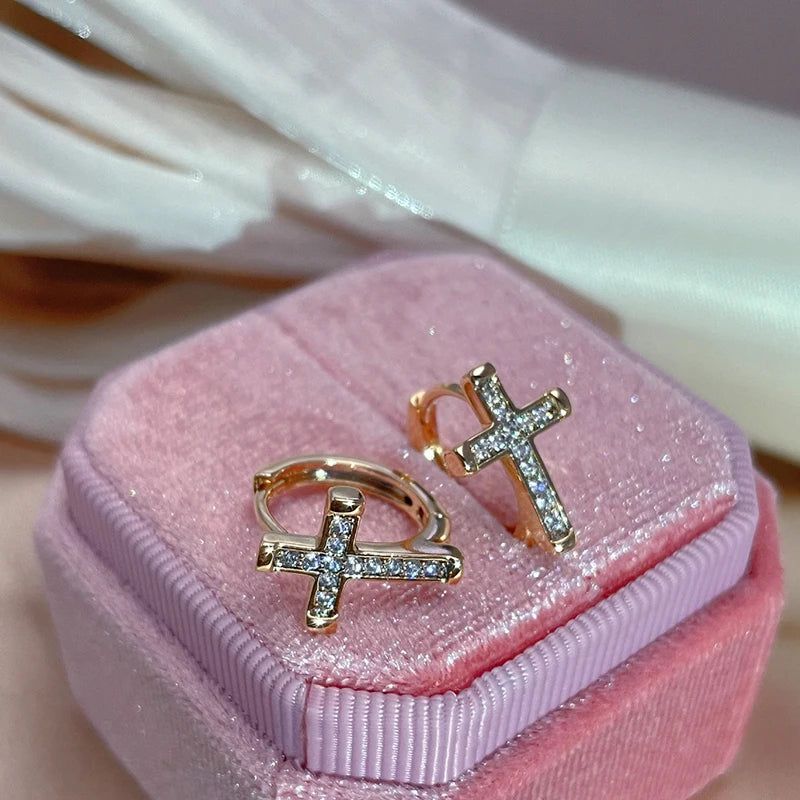 Trendy Rose Gold Cross Dangle Earrings with Natural Zircon – Trendy Religious Fashion Jewelry