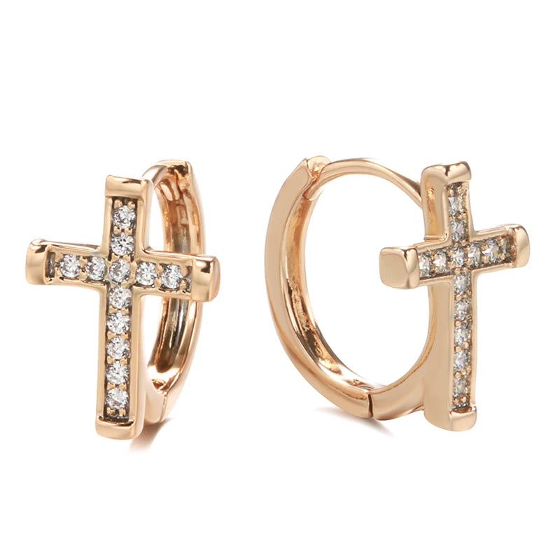 Trendy Rose Gold Cross Dangle Earrings with Natural Zircon – Trendy Religious Fashion Jewelry