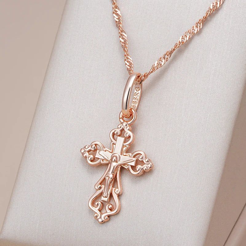 Trendy Rose Gold Cross Pendant Necklace for Men - Orthodox Church Jesus Charm Jewelry