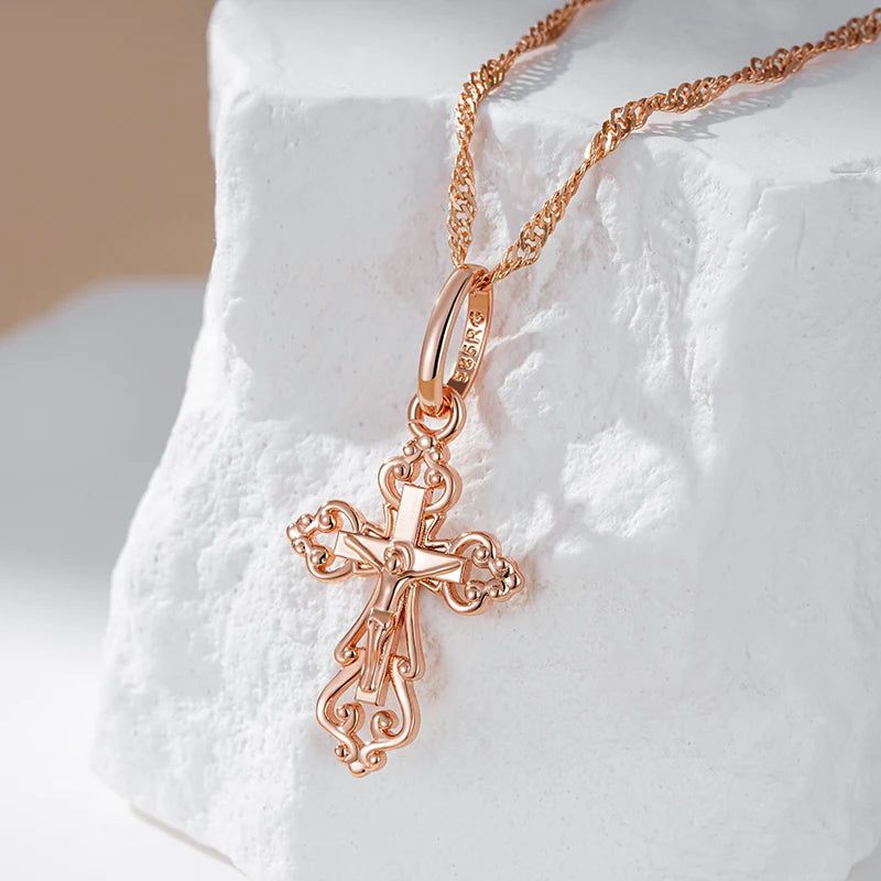 Trendy Rose Gold Cross Pendant Necklace for Men - Orthodox Church Jesus Charm Jewelry