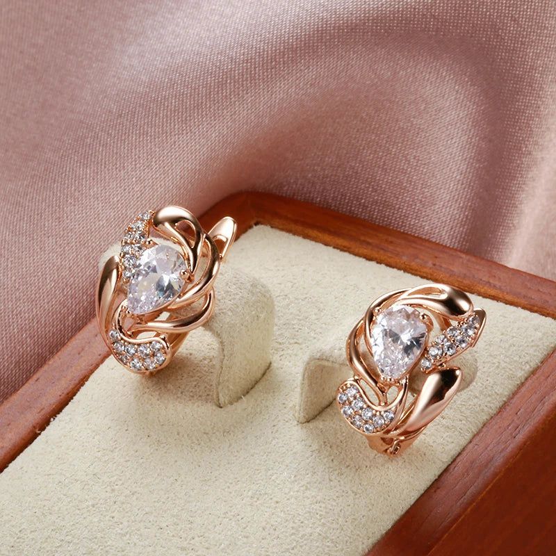 Trendy Rose Gold Crystal Floral Studs with Natural Zircon Inlay for Brides and Boho Fashion